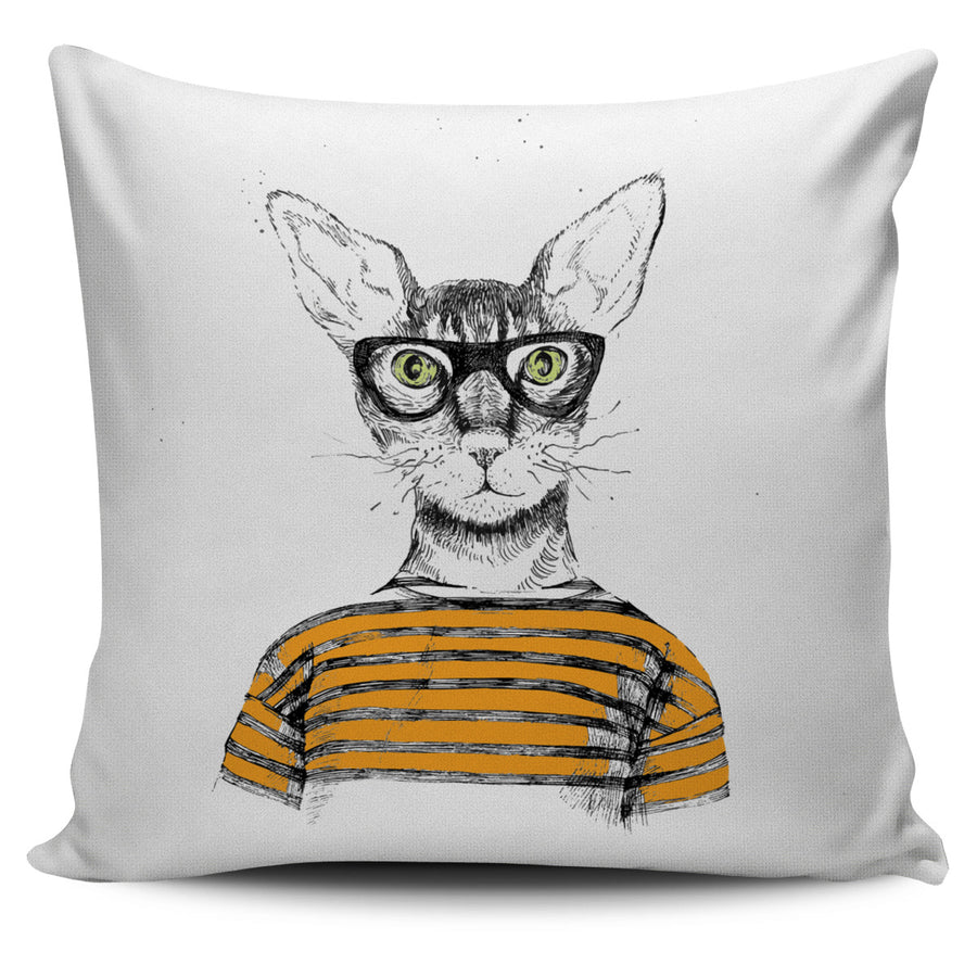 Cat with Black Glasses Pillow Cover