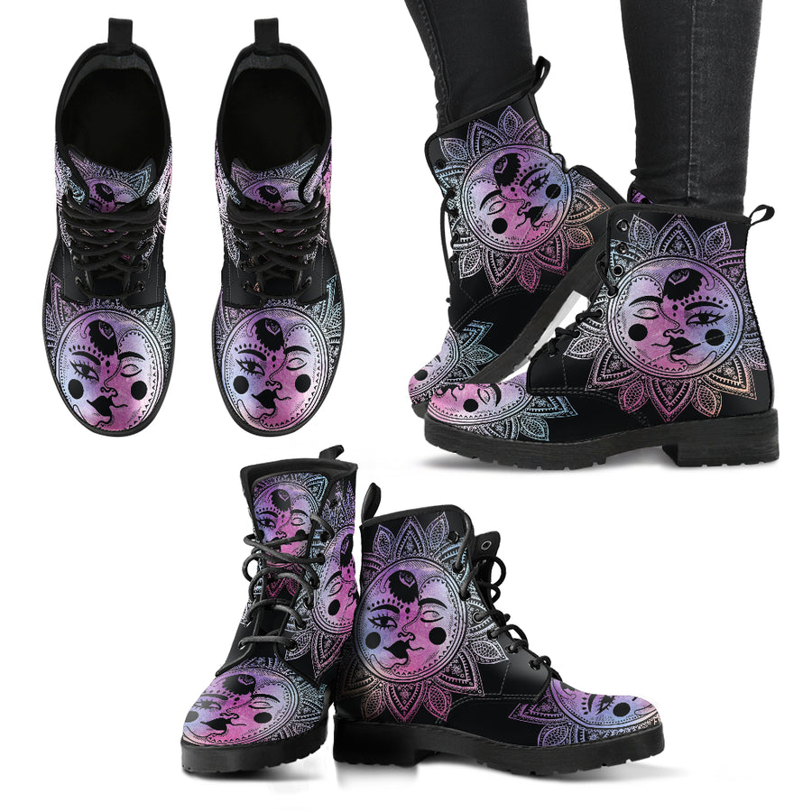 Watercolor Sun Moon Mandala Women's Leather Boots