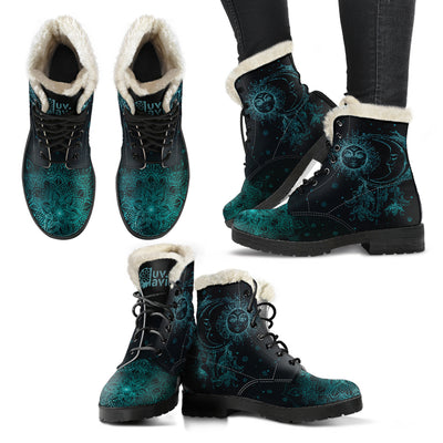 Turquoise Sun and Moon - Faux Fur Leather Boots