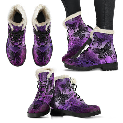 Magic Butterflies - Purple - Faux Fur Leather Boots