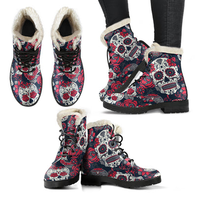 Pink Sugar Skull - Faux Fur Leather Boots