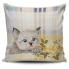 Cute White Cat with Flower Pillow Cover