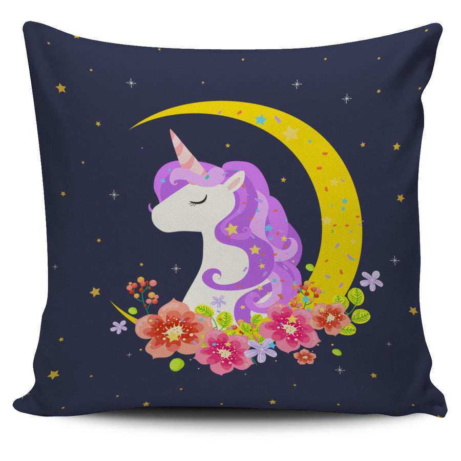Dark Blue Starry Night Crescent Moon Unicorn Pillow Cover