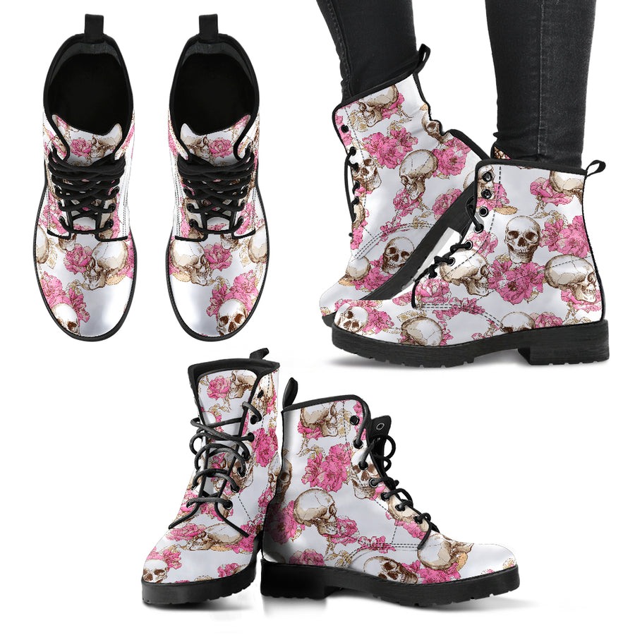 Skull With Pink Flowers - Boots