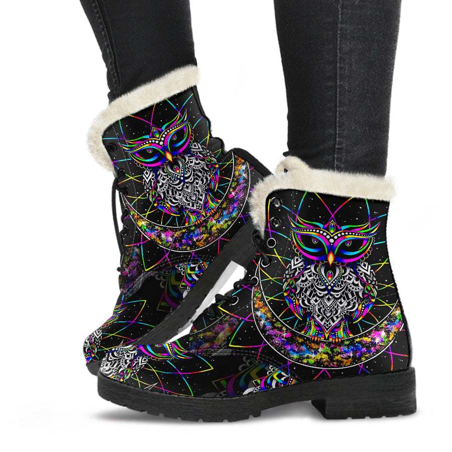 Colourful Owl - Faux Fur Leather Boots