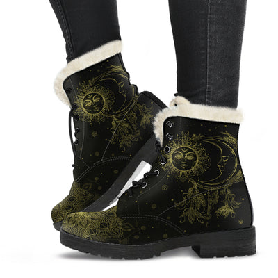 Golden Sun and Moon - Faux Fur Leather Boots