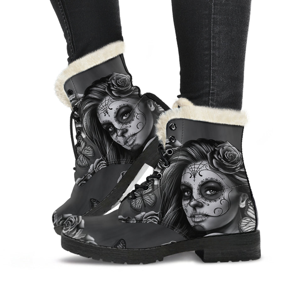 Calavera Black and White - Faux Fur Leather Boots