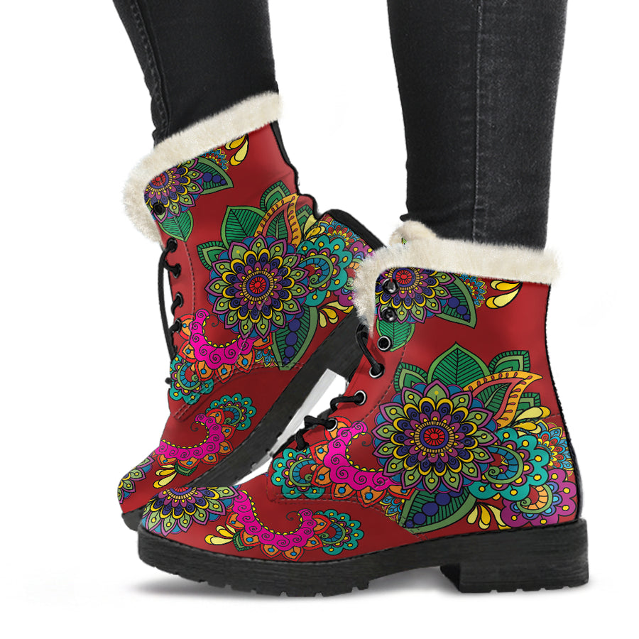 Henna Flowers - Faux Fur Leather Boots