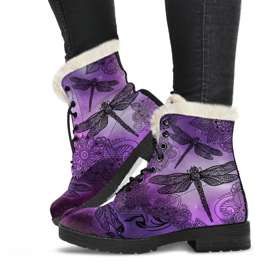 Magic Dragonflies - Purple - Faux Fur Leather Boots