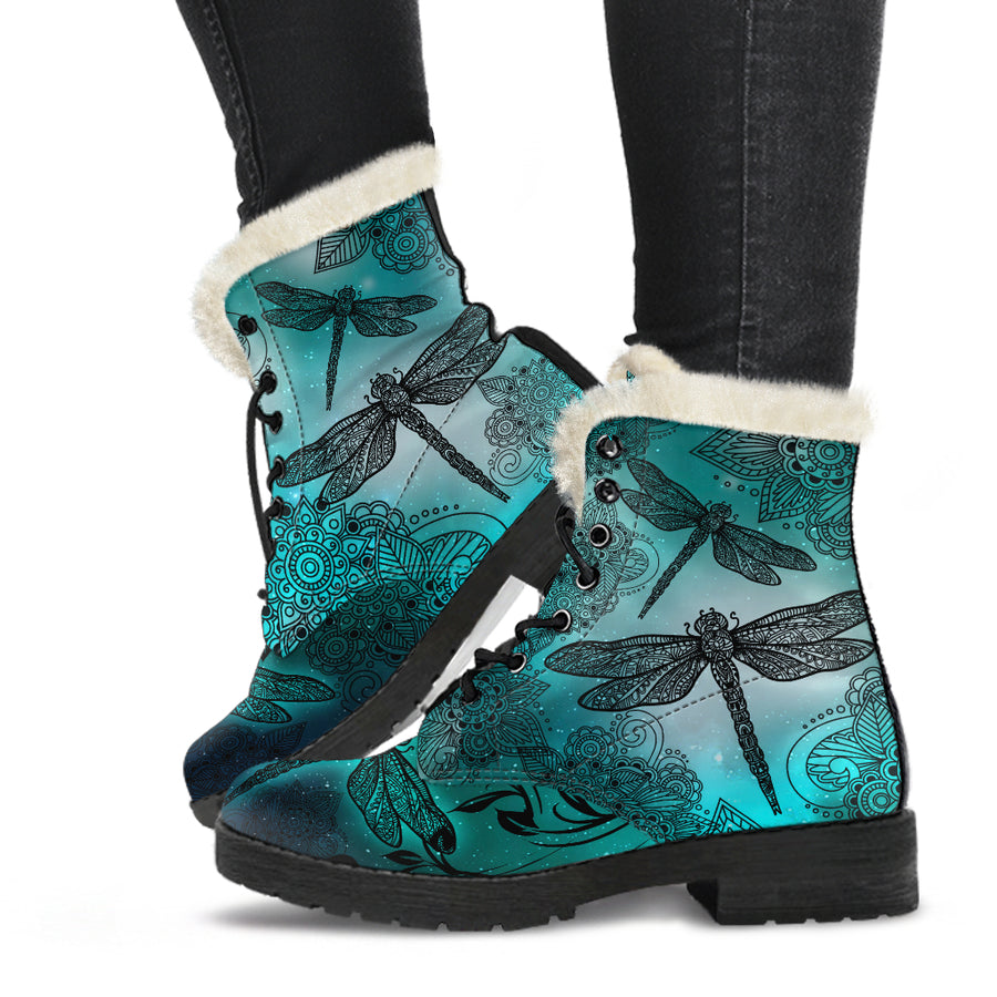 Magic Dragonflies Green - Faux Fur Leather Boots