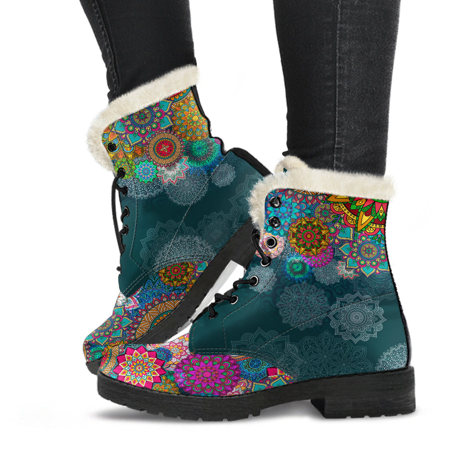 Colorful Mandala - Faux Fur Leather Boots