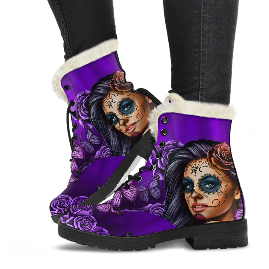 Calavera Purple - Faux Fur Leather Boots