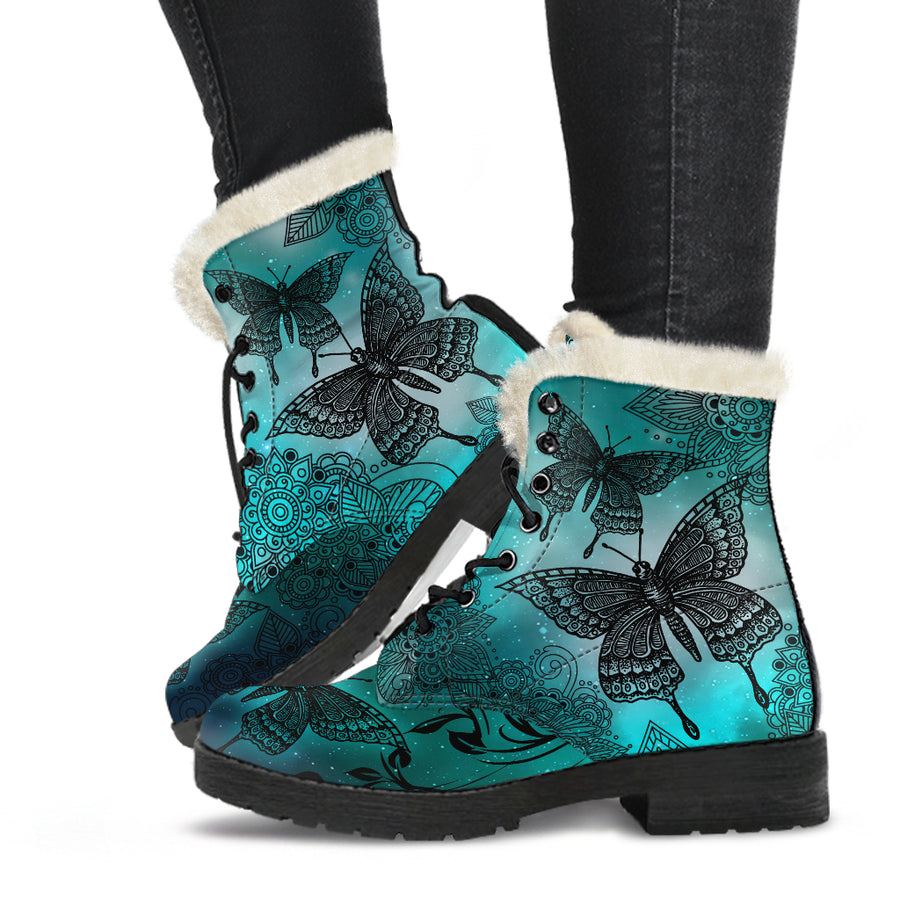 Magic Butterflies - Green - Faux Fur Leather Boots