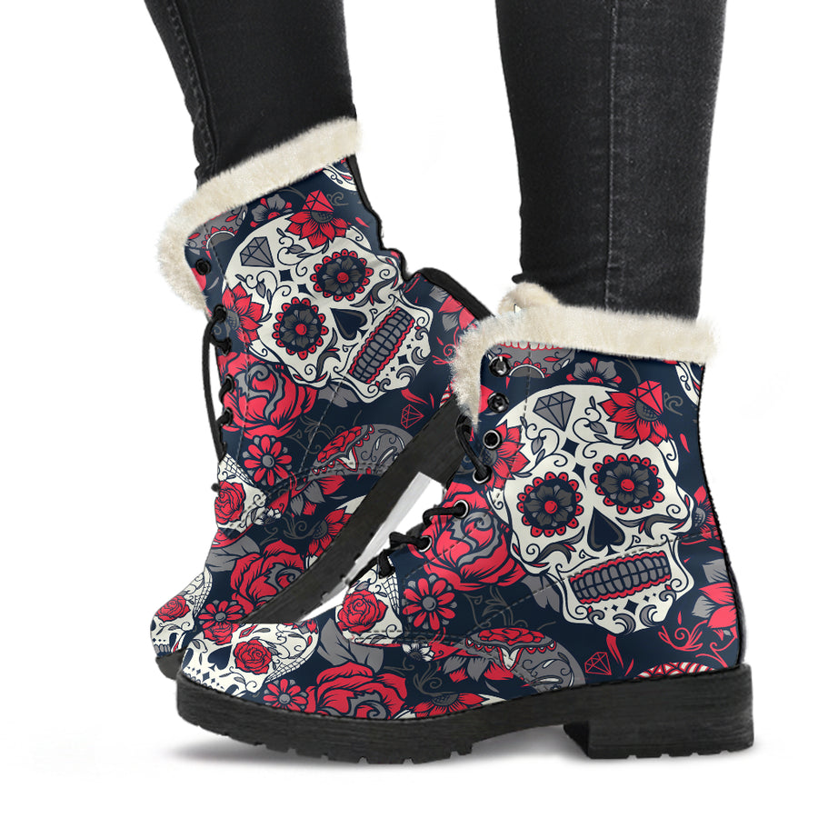 Pink Sugar Skull - Faux Fur Leather Boots