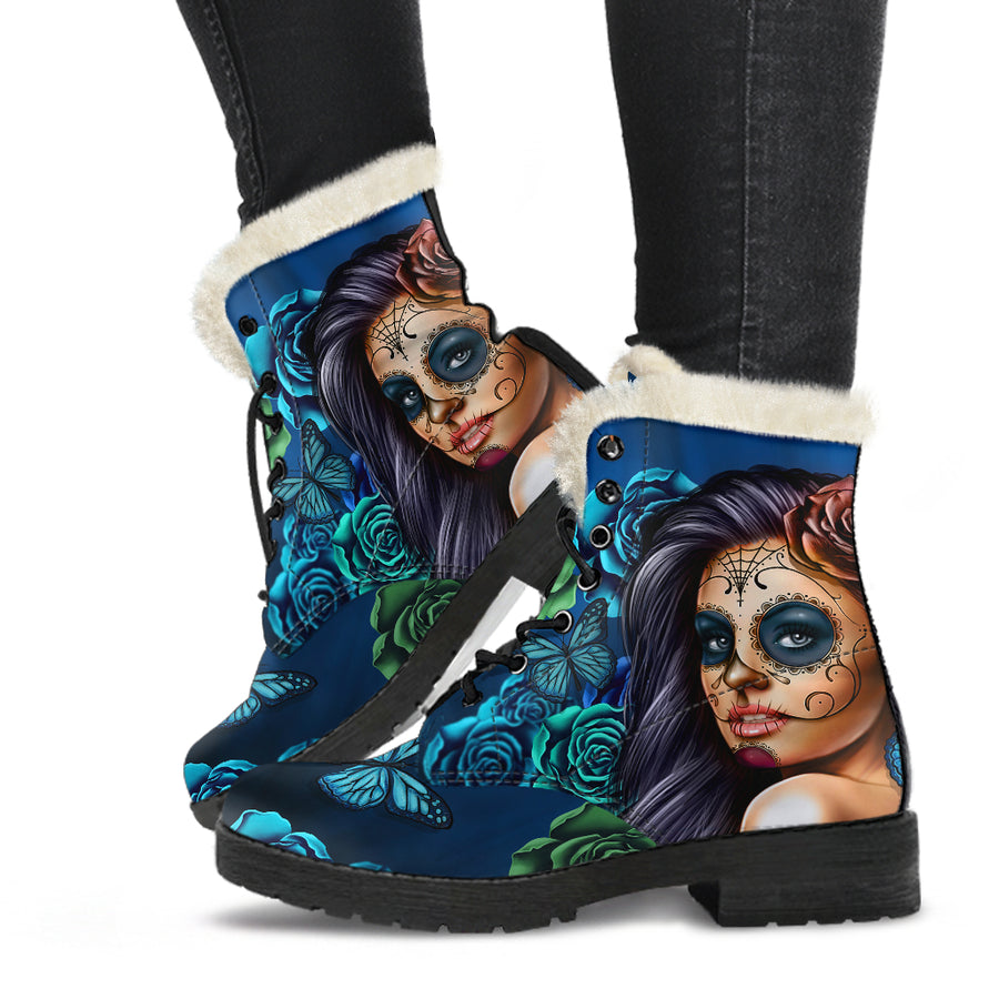 Calavera Blue - Faux Fur Leather Boots