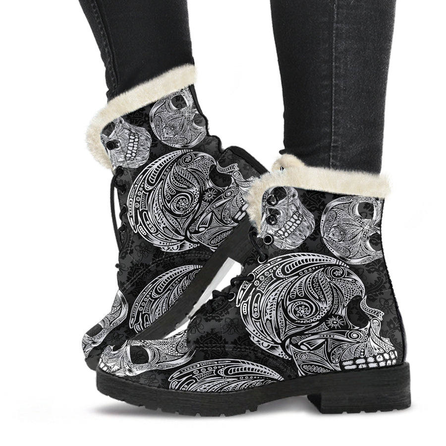 Ornamental Skulls - Faux Fur Leather Boots