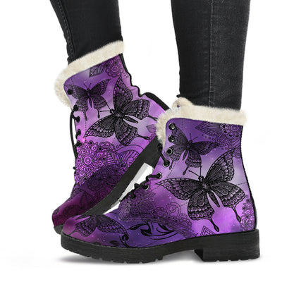 Magic Butterflies - Purple - Faux Fur Leather Boots