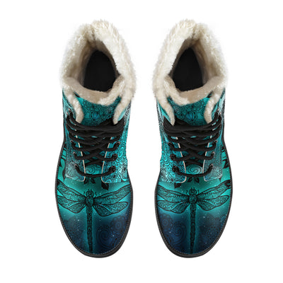 Magic Dragonflies Green - Faux Fur Leather Boots