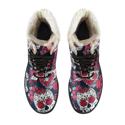 Pink Sugar Skull - Faux Fur Leather Boots