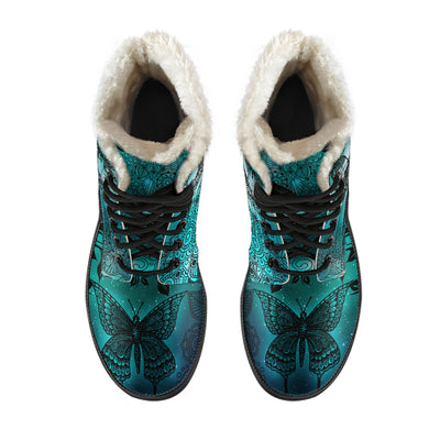 Magic Butterflies - Green - Faux Fur Leather Boots