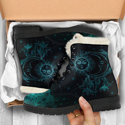Turquoise Sun and Moon - Faux Fur Leather Boots